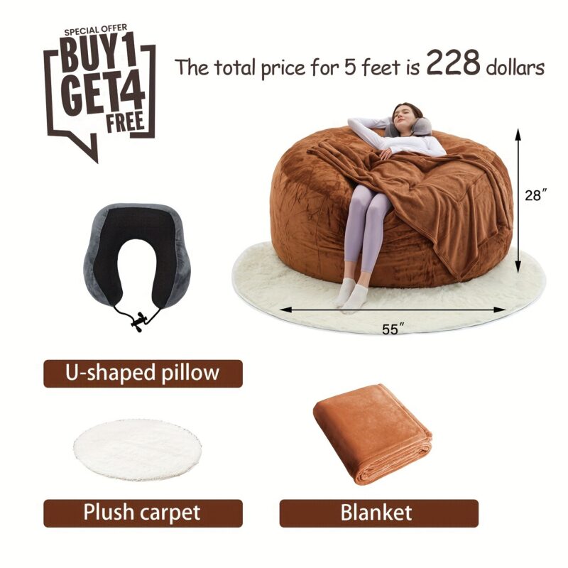 Giant 6-foot memory foam furniture bean bag (3 gifts: U-shaped pillow, blanket pillow, 6-foot carpet) - soft microfiber cover large sofa - 图片 17