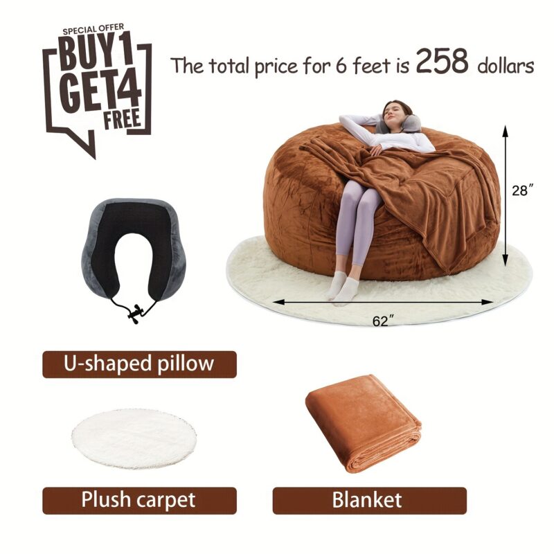 Giant 6-foot memory foam furniture bean bag (3 gifts: U-shaped pillow, blanket pillow, 6-foot carpet) - soft microfiber cover large sofa - 图片 15
