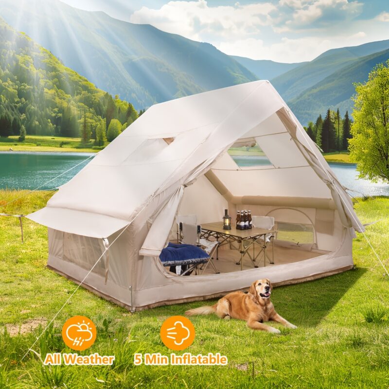 4-6 person inflatable camping tent, luxury inflatable tent with manual pump, easy to set up cabin tent, with mesh window, suitable for family camping and emergency shelter