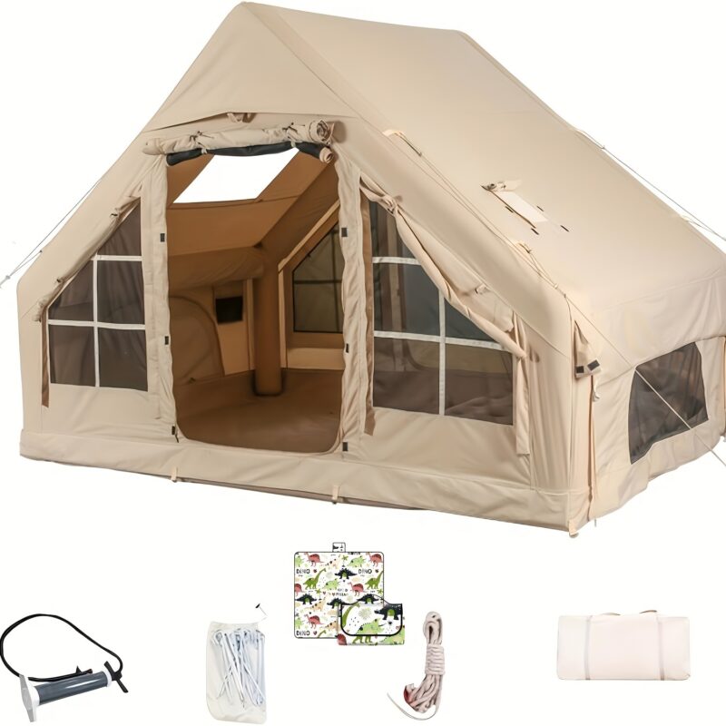 Inflatable Camping Tent With Pump, Glamping Tents, Easy Setup 4 Season Waterproof Windproof Outdoor Blow Up Tent, Luxury Cabin Tent With Mesh Windows & Doors Air Tents For Camping Adult - 图片 9