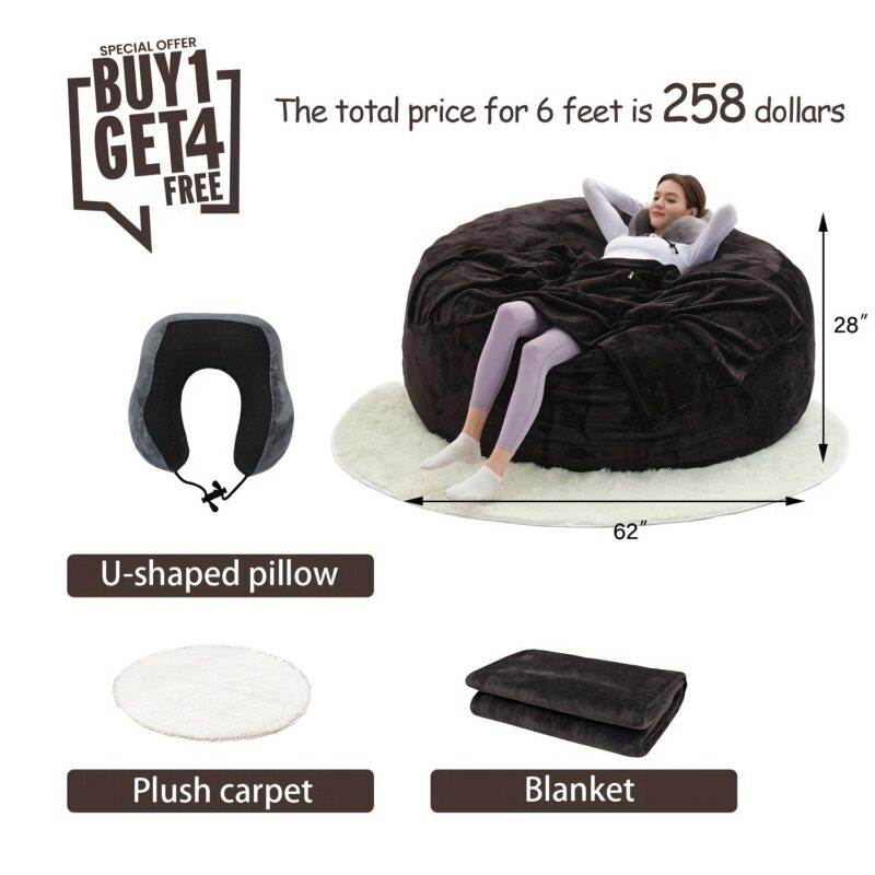 Giant 6-foot memory foam furniture bean bag (3 gifts: U-shaped pillow, blanket pillow, 6-foot carpet) - soft microfiber cover large sofa - 图片 19